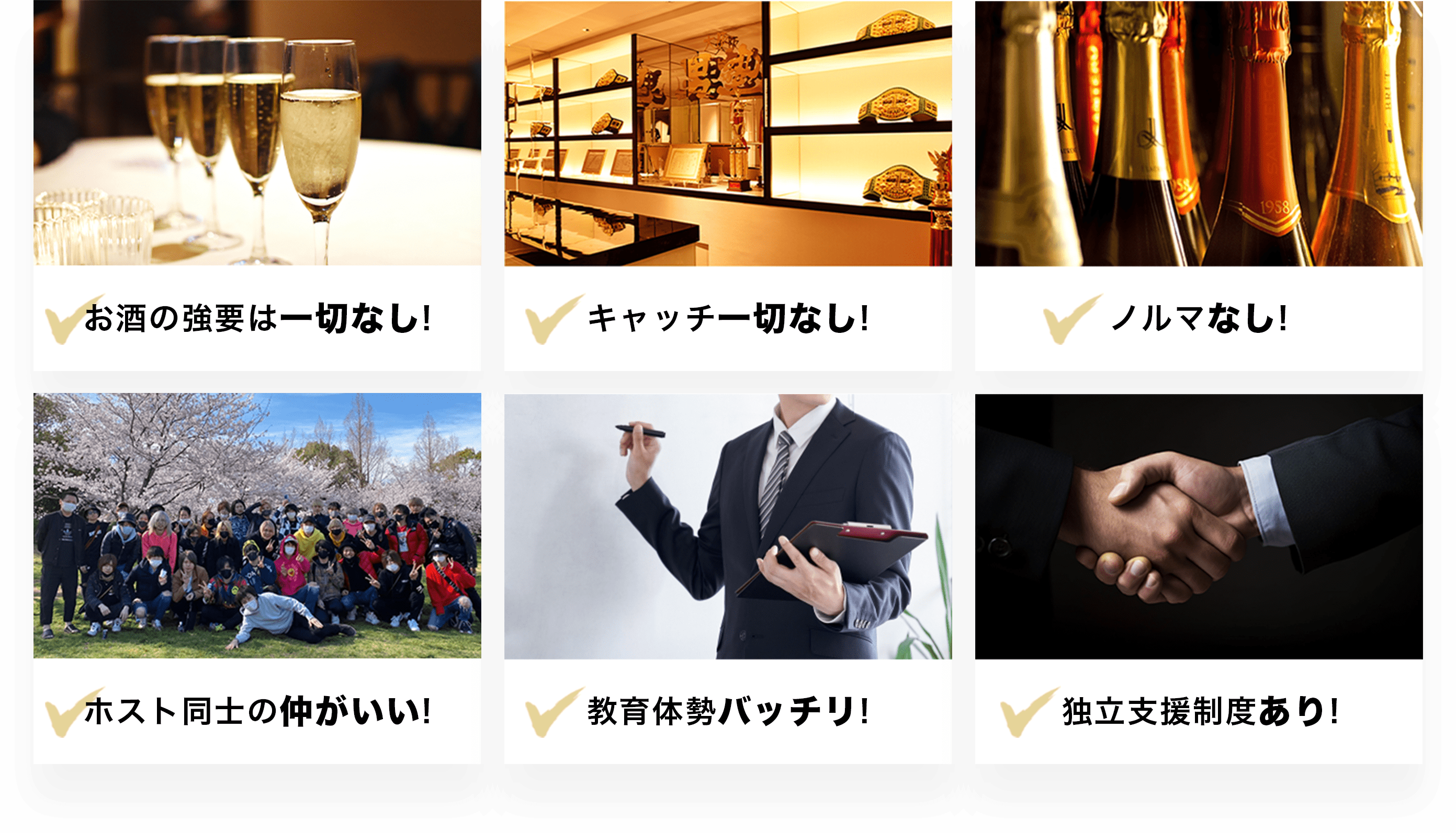 お酒の強要なし・キャッチ一切なし・ルマなし・ホスト同士の仲がいい・教育体制バッチリ！・独立支援制度あり！