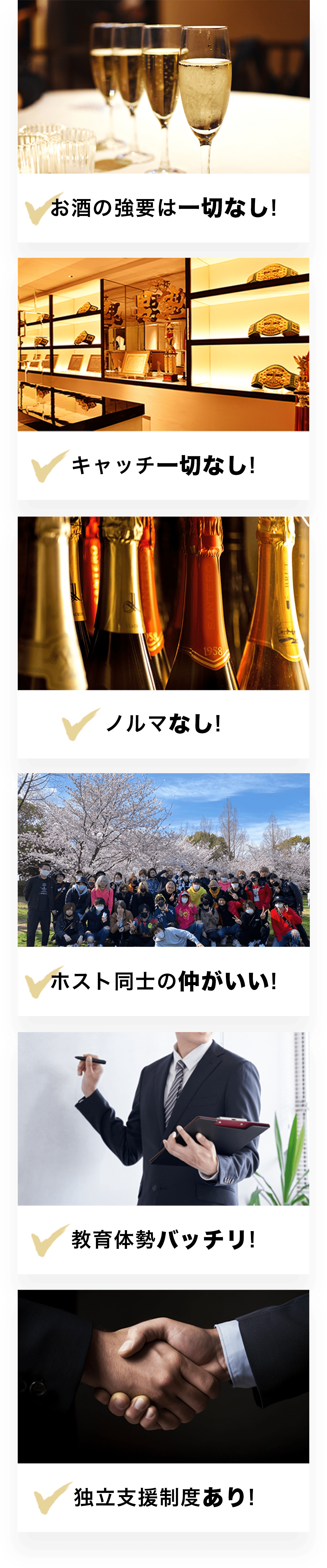 お酒の強要なし・キャッチ一切なし・ルマなし・ホスト同士の仲がいい・教育体制バッチリ！・独立支援制度あり！